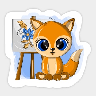 Funny fox painter with easel Sticker